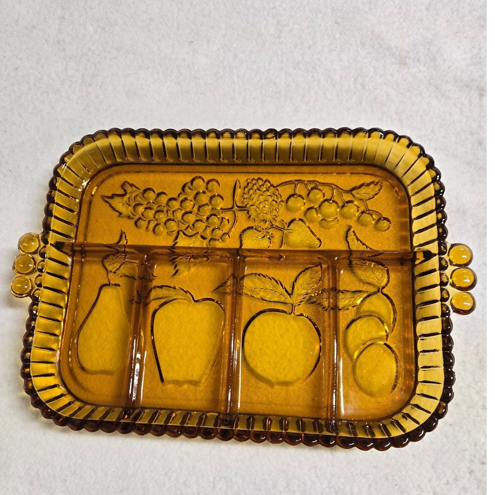 Vintage Indiana Glass Amber Fruit 5-Part Divided Relish Serving Tray 12.5"